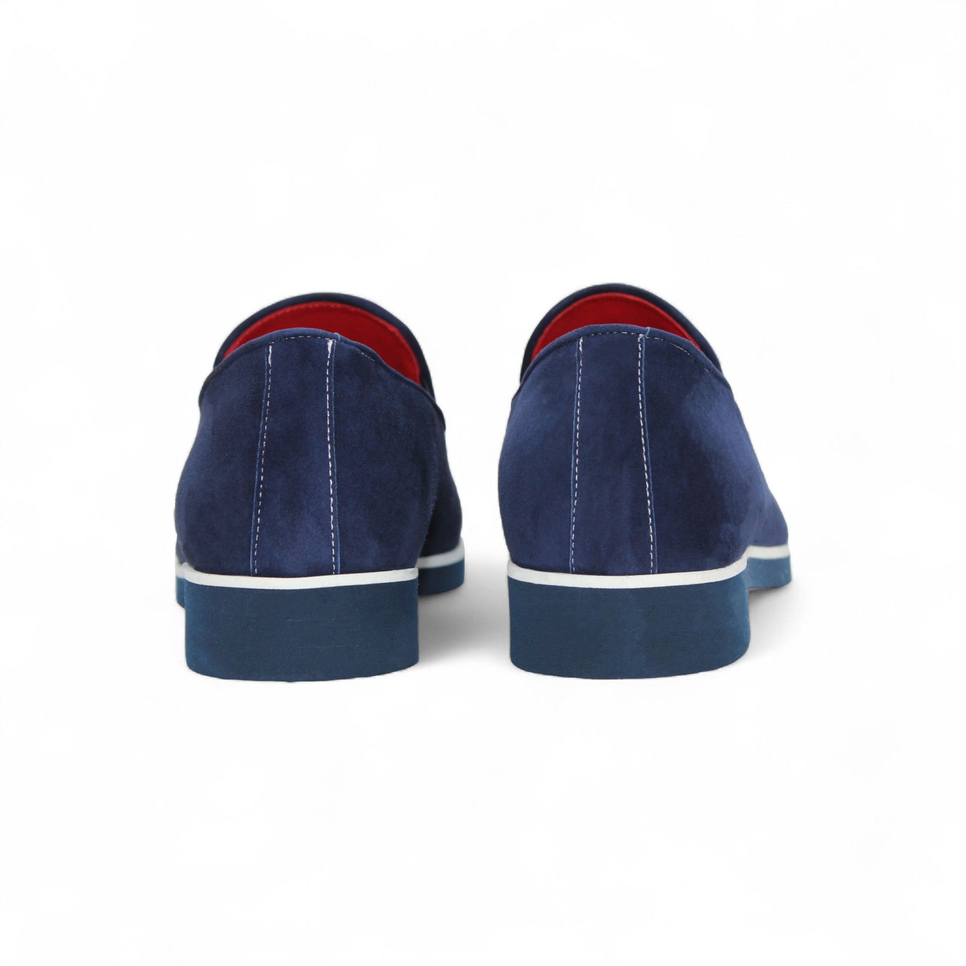 The Emilio Franco Nino II Navy loafer features navy blue suede, white stitching, a silver buckle, and a low heel—an elegant Emilio Franco design shown in side profile against a white background for discerning style.