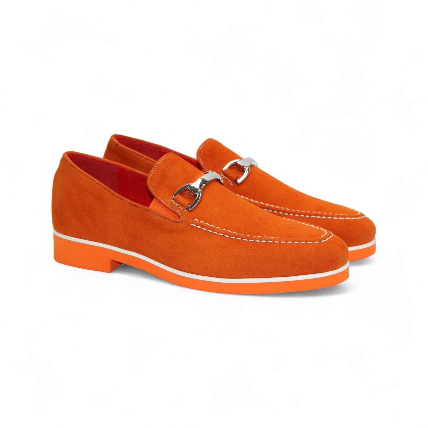 The Emilio Franco Nino II Orange by Emilio Franco is a bright orange suede loafer with white stitching, a silver buckle, and a matching orange sole, shown against a plain white background.