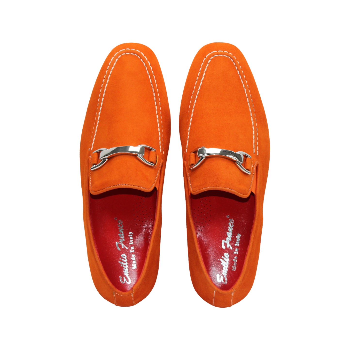 The Emilio Franco Nino II Orange by Emilio Franco is a bright orange suede loafer with white stitching, a silver buckle, and a matching orange sole, shown against a plain white background.