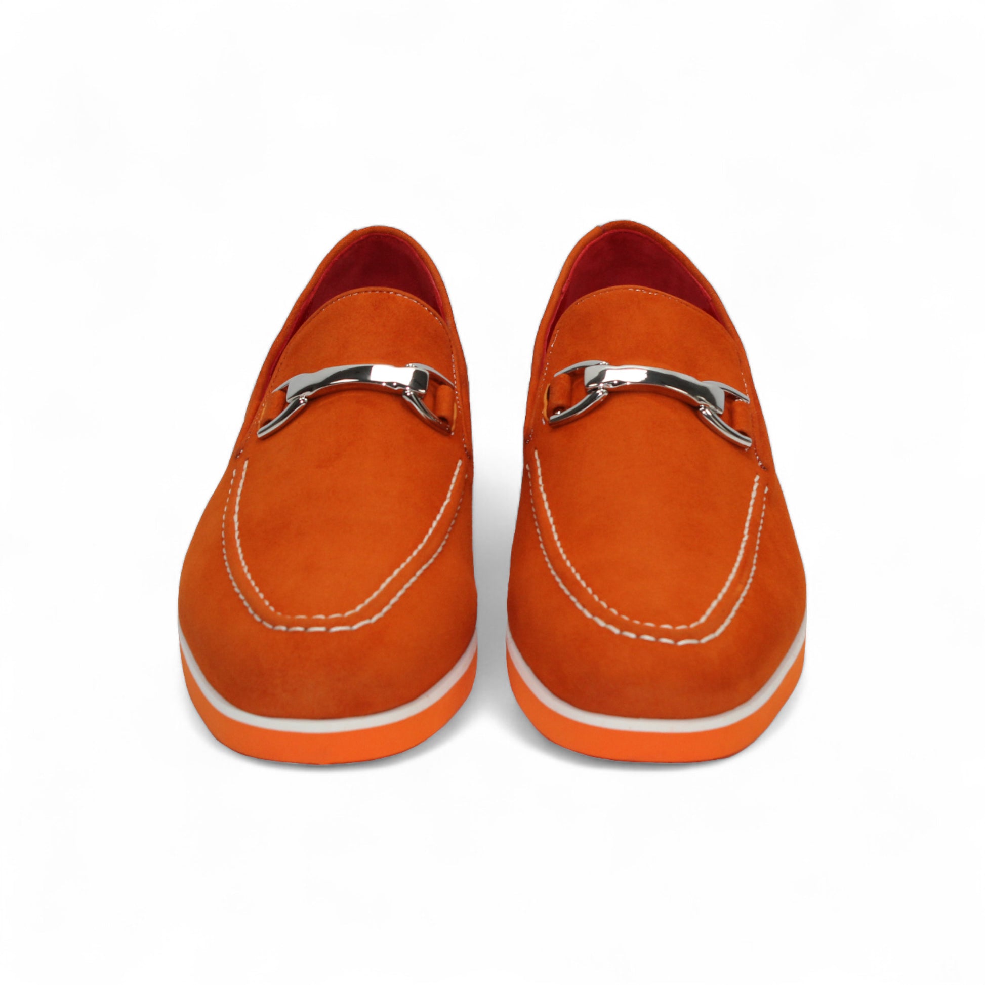 The Emilio Franco Nino II Orange by Emilio Franco is a bright orange suede loafer with white stitching, a silver buckle, and a matching orange sole, shown against a plain white background.