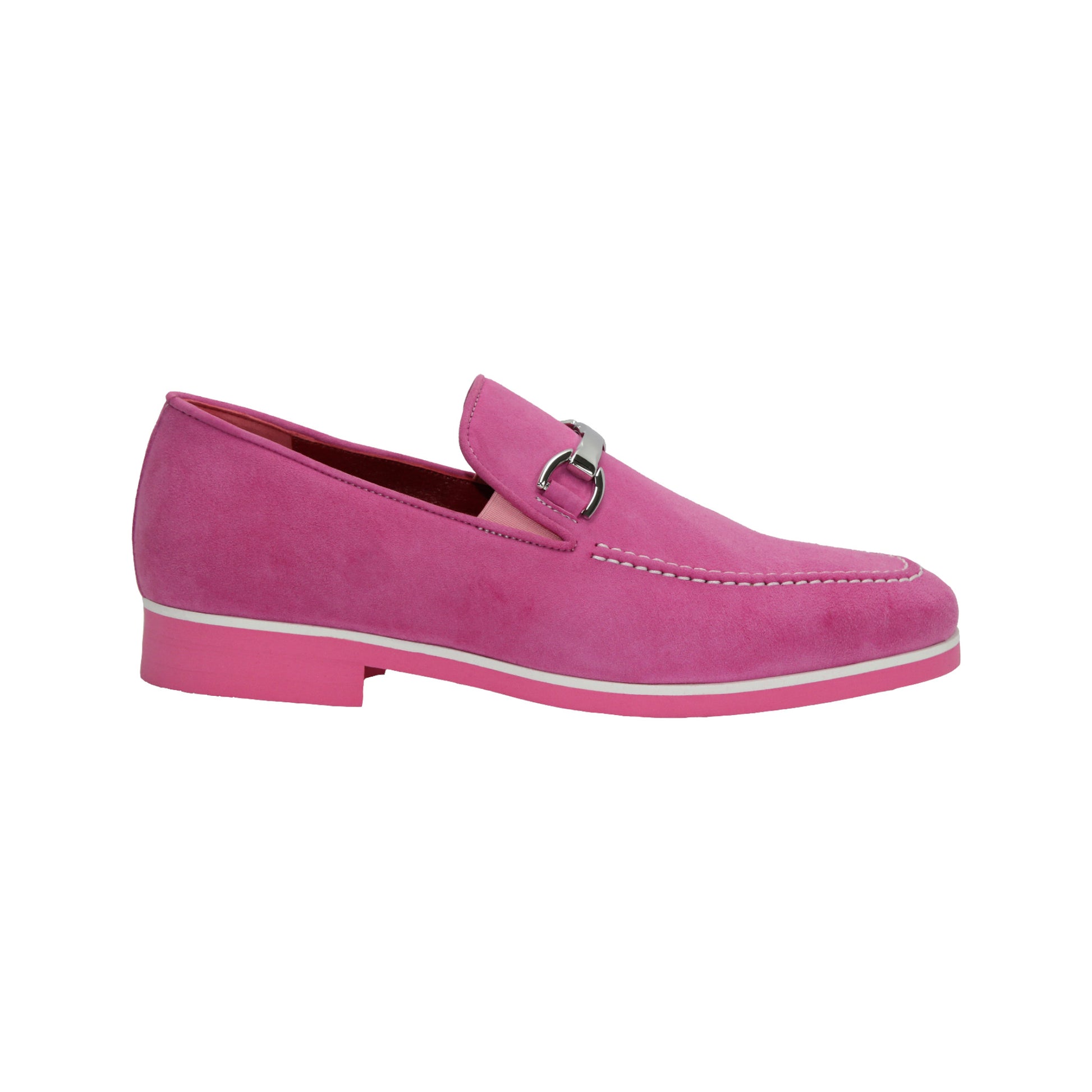 The Emilio Franco Nino II Pink is a luxury Italian suede loafer in pink with white stitching, a silver buckle, and a matching sole, showcased on a white background.