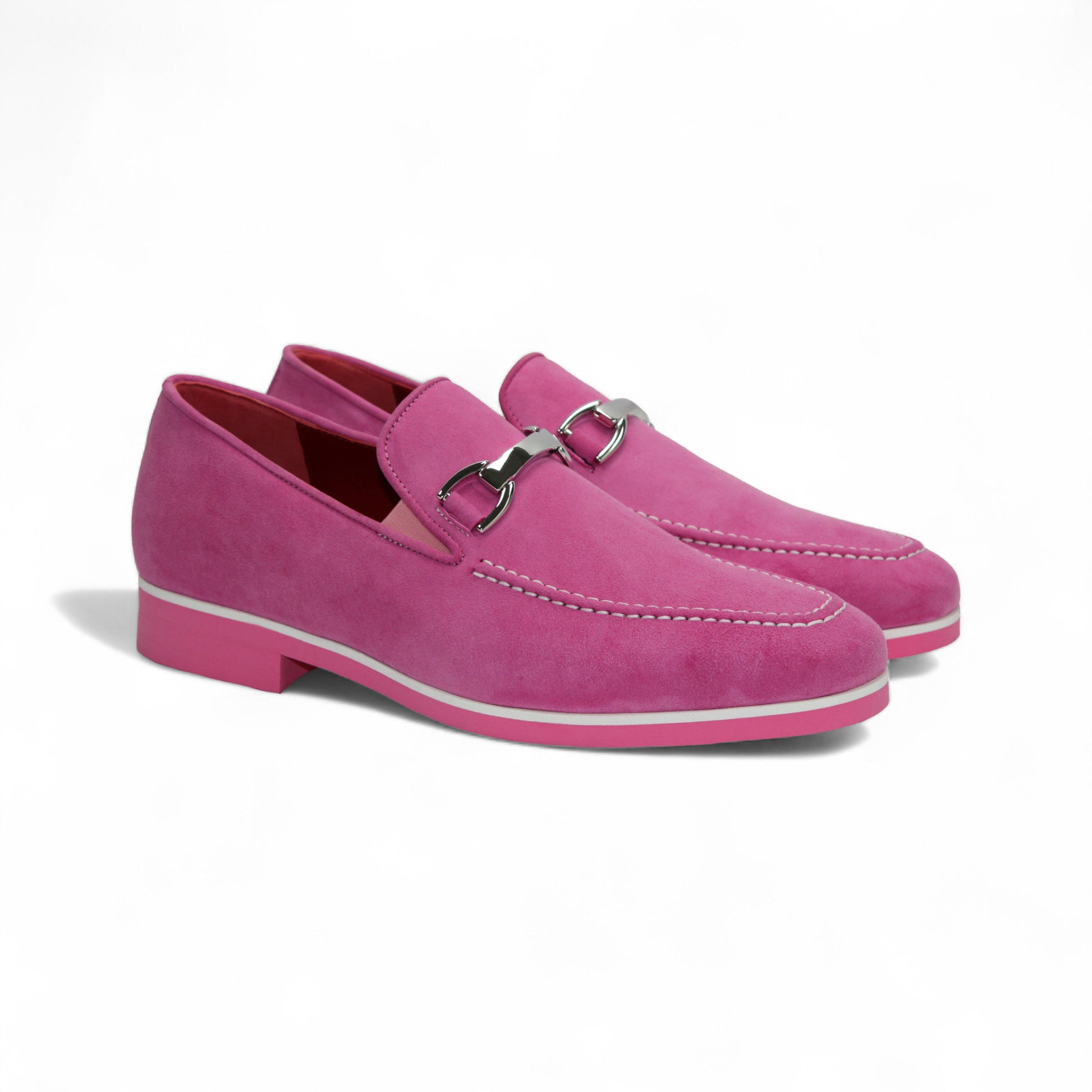 The Emilio Franco Nino II Pink is a luxury Italian suede loafer in pink with white stitching, a silver buckle, and a matching sole, showcased on a white background.