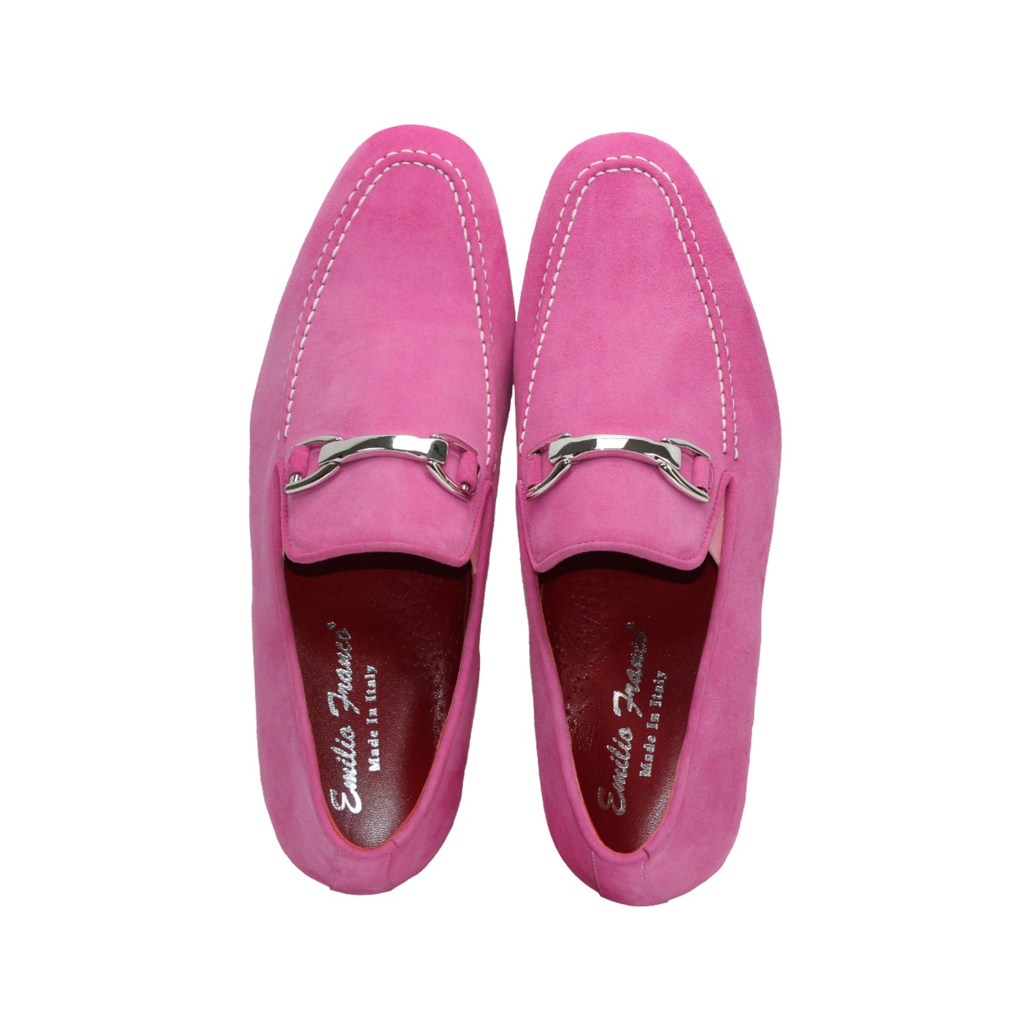 The Emilio Franco Nino II Pink is a luxury Italian suede loafer in pink with white stitching, a silver buckle, and a matching sole, showcased on a white background.