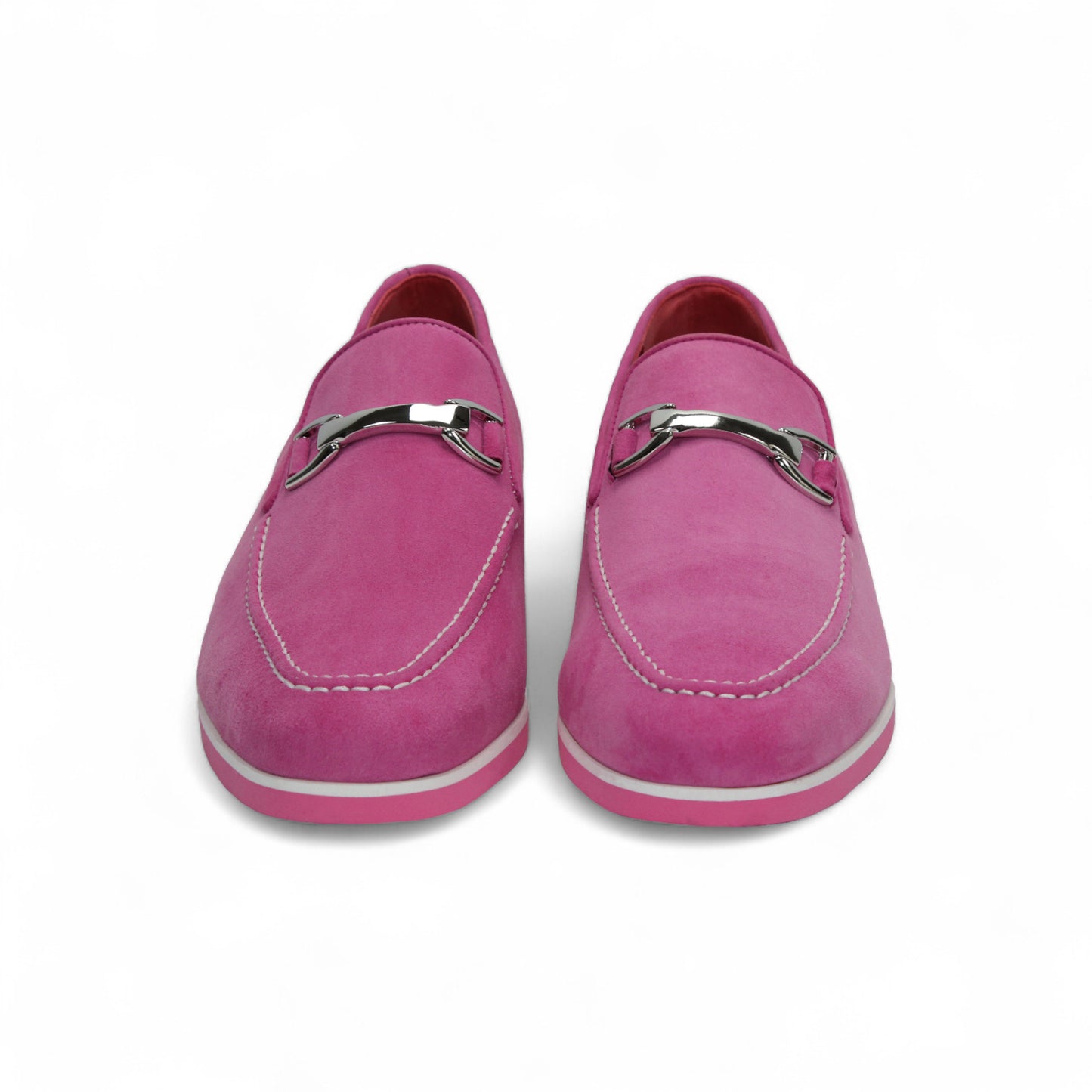 The Emilio Franco Nino II Pink is a luxury Italian suede loafer in pink with white stitching, a silver buckle, and a matching sole, showcased on a white background.
