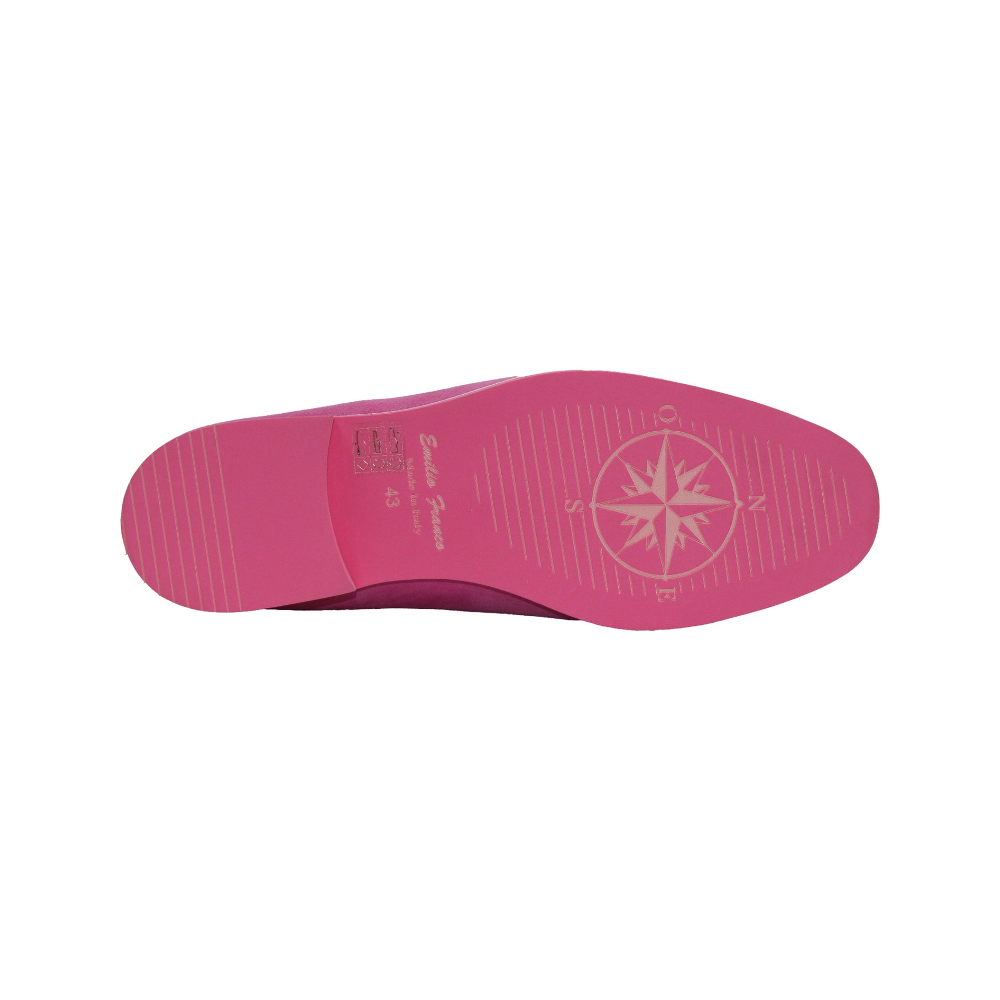 The Emilio Franco Nino II Pink is a luxury Italian suede loafer in pink with white stitching, a silver buckle, and a matching sole, showcased on a white background.