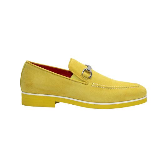 The Emilio Franco Nino II Yellow is a luxury Italian suede loafer featuring a silver buckle, white stitching, and matching yellow sole—an eye-catching men’s shoe from Emilio Franco, shown in side view.