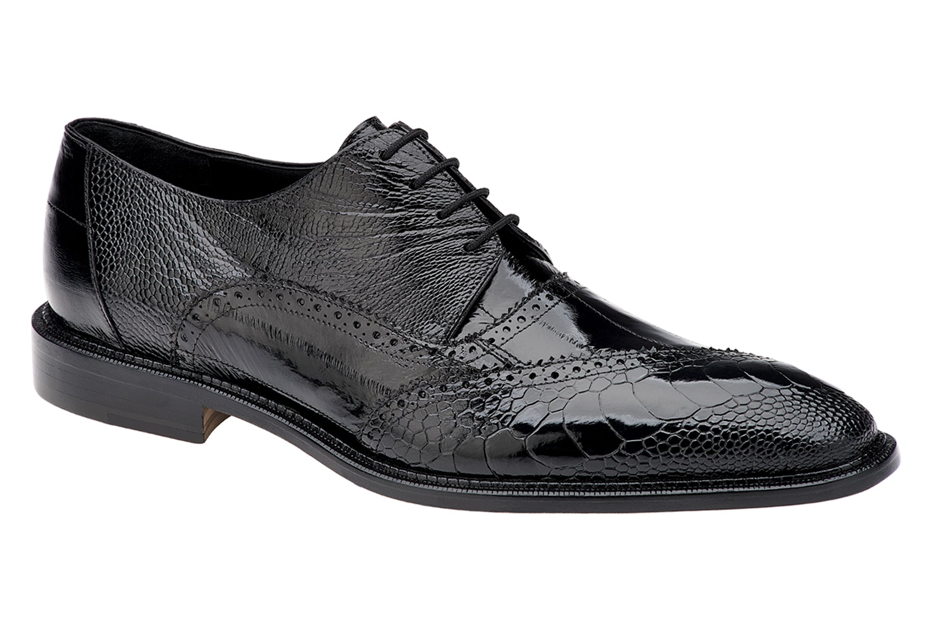 The BELVEDERE Nino dress shoe in black features genuine ostrich leg and eel leather, brogue detailing, a pointed toe, and low heel. Shown from the side on a white background.
