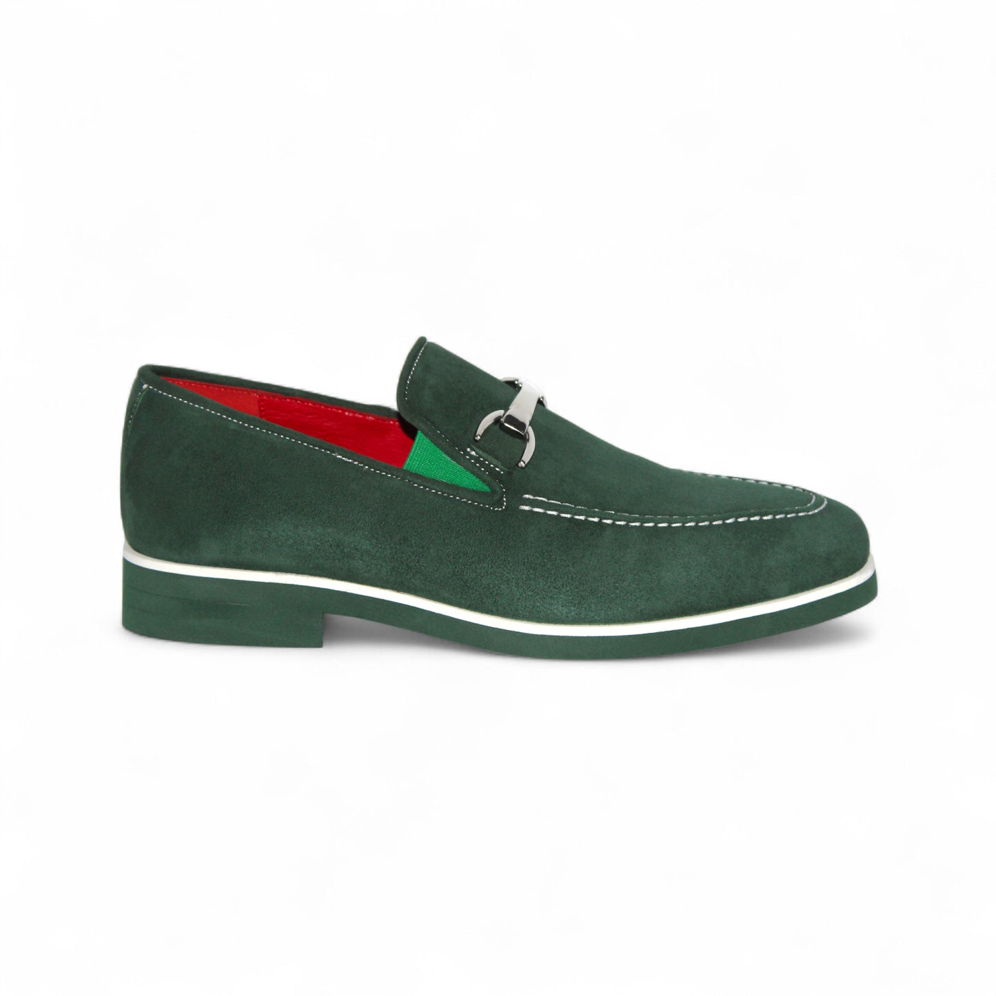 The Emilio Franco Nino II Green loafer features lush Italian suede, white stitching, a metal bit, and red interior lining—luxury men’s footwear by Emilio Franco. Shown in a side profile on a plain white background.