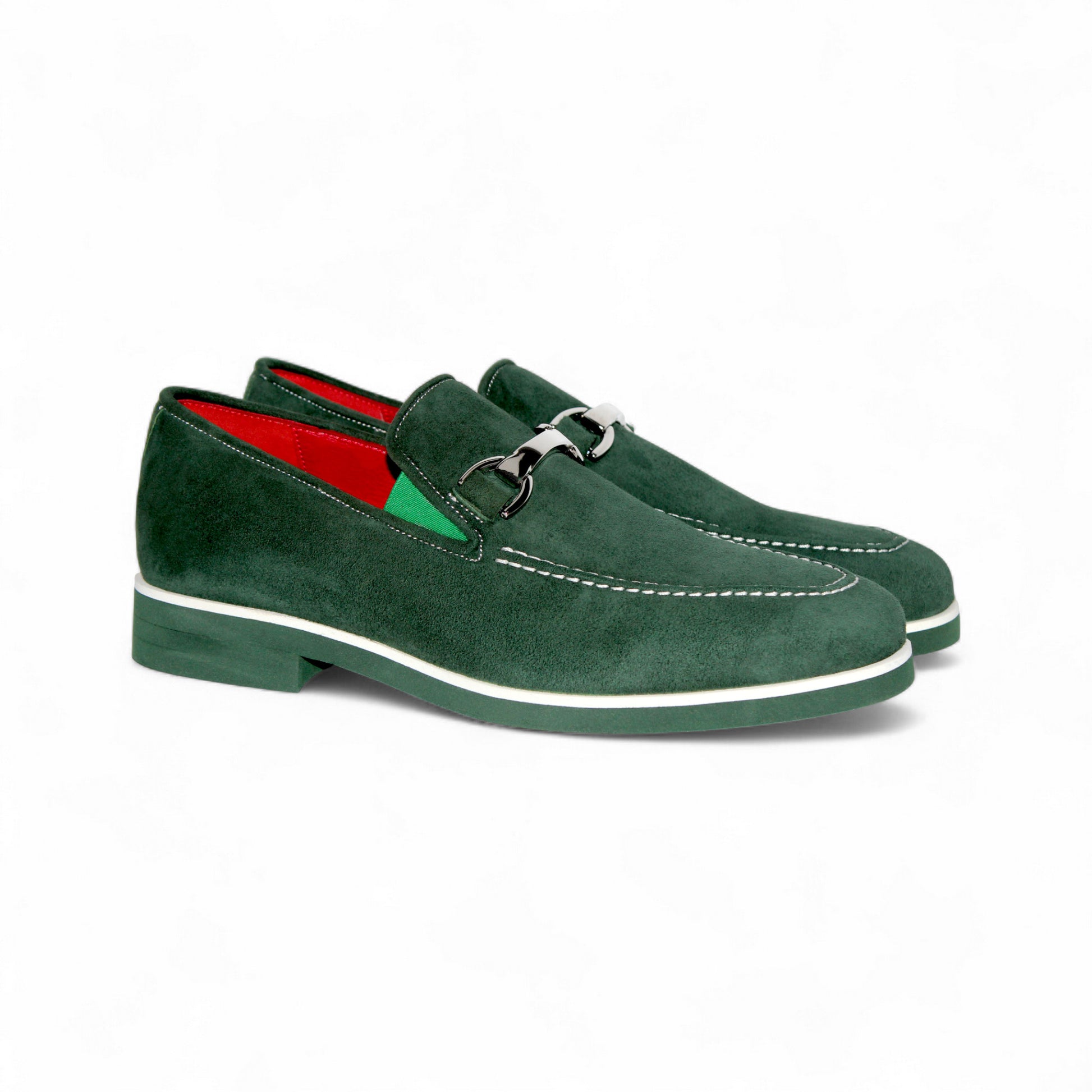 The Emilio Franco Nino II Green loafer features lush Italian suede, white stitching, a metal bit, and red interior lining—luxury men’s footwear by Emilio Franco. Shown in a side profile on a plain white background.
