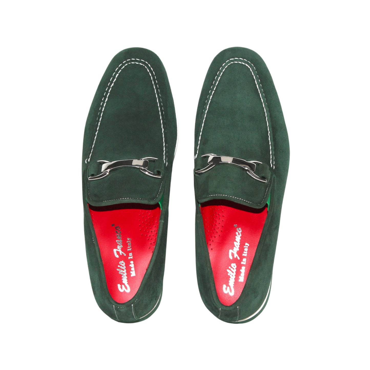 The Emilio Franco Nino II Green loafer features lush Italian suede, white stitching, a metal bit, and red interior lining—luxury men’s footwear by Emilio Franco. Shown in a side profile on a plain white background.