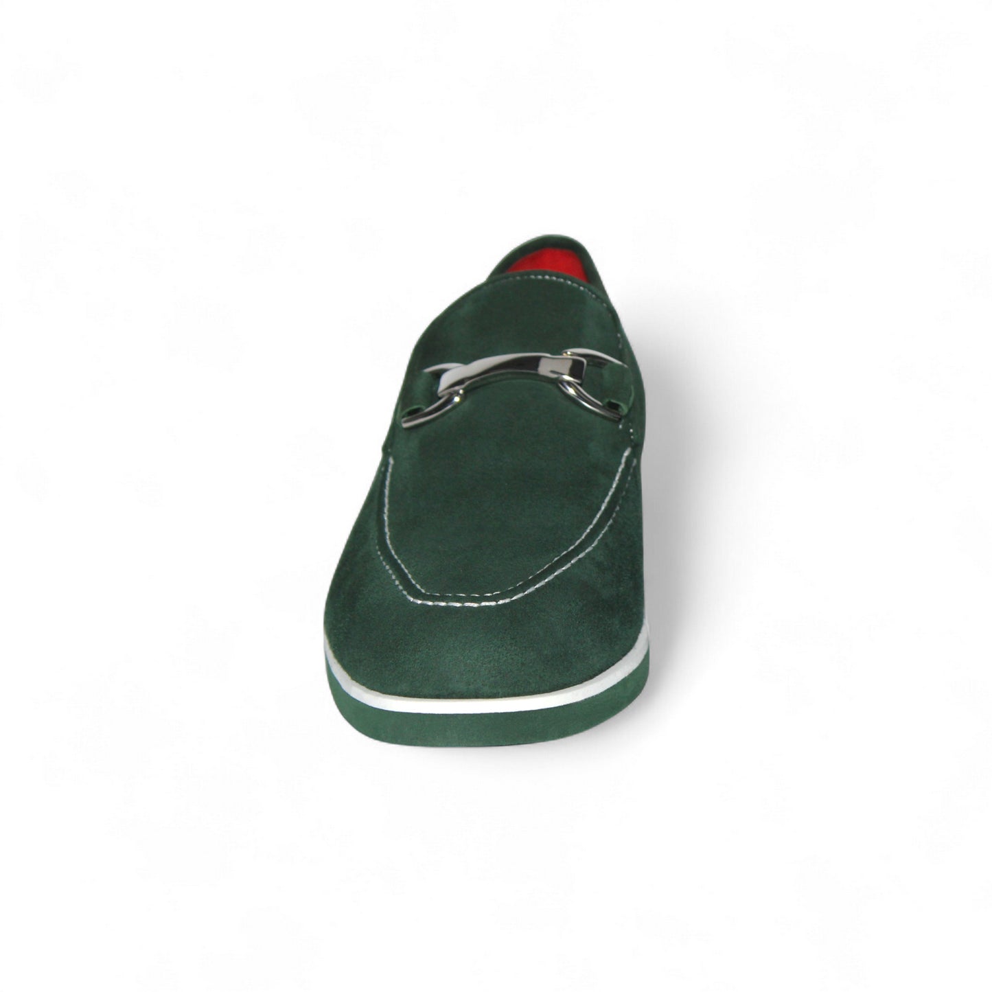 The Emilio Franco Nino II Green loafer features lush Italian suede, white stitching, a metal bit, and red interior lining—luxury men’s footwear by Emilio Franco. Shown in a side profile on a plain white background.