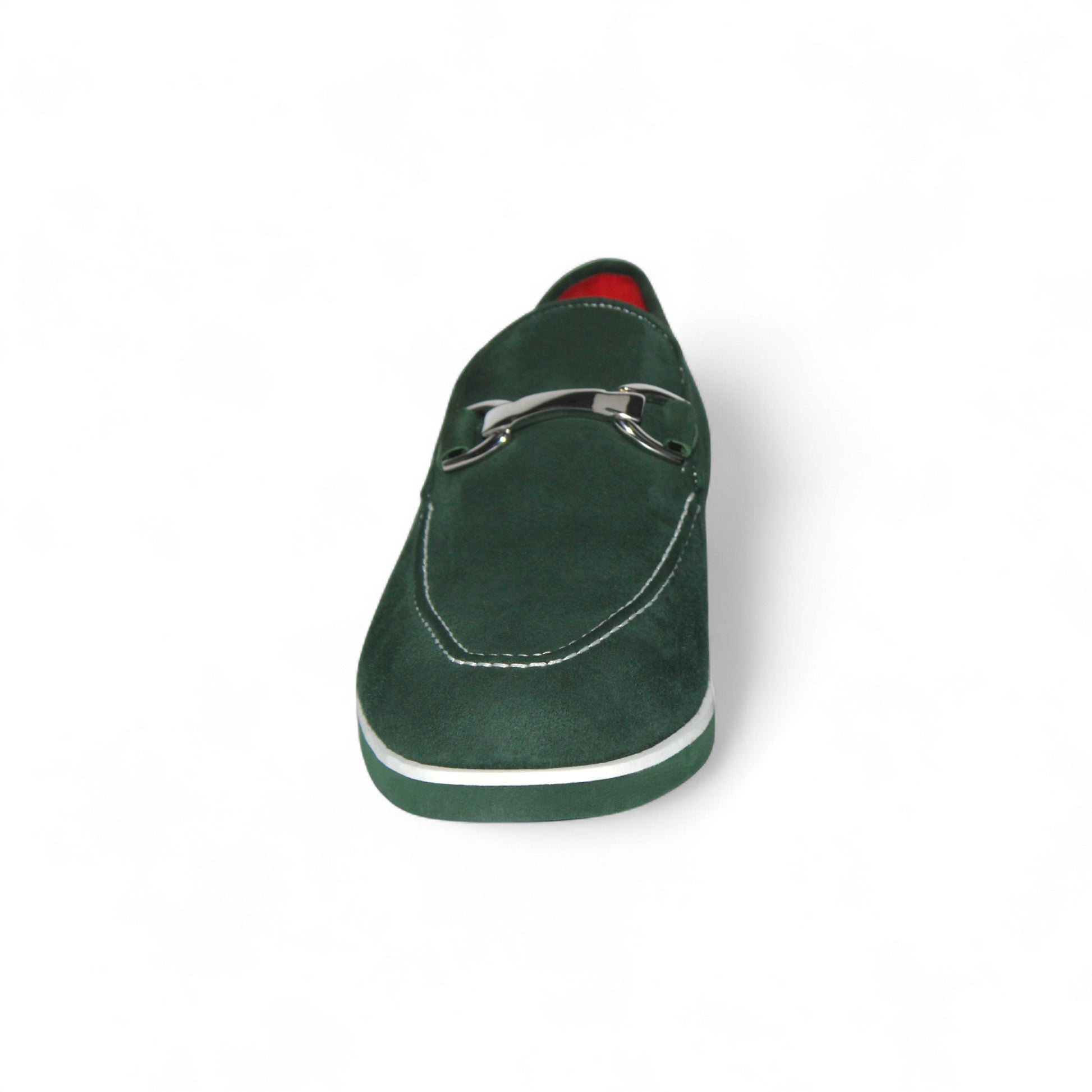 The Emilio Franco Nino II Green loafer features lush Italian suede, white stitching, a metal bit, and red interior lining—luxury men’s footwear by Emilio Franco. Shown in a side profile on a plain white background.
