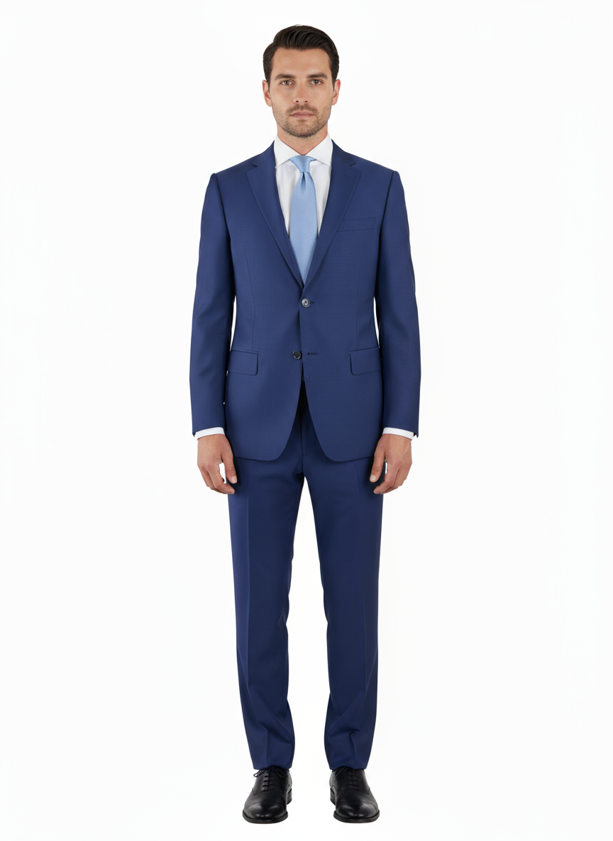 A man stands facing forward against a plain white background, wearing the Tiglio Luxe Novello French Blue Pure Wool Men’s Suit paired with a light blue tie and black shoes.