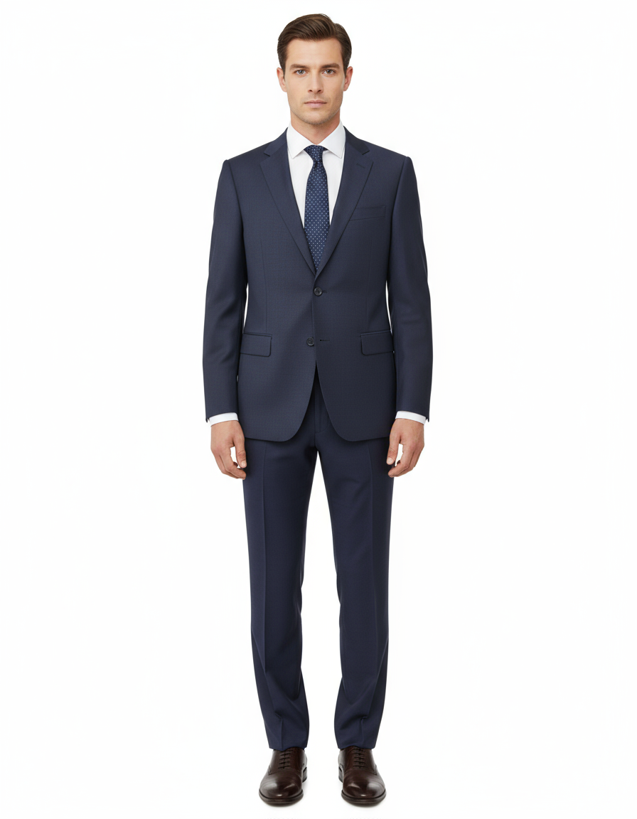 A man stands facing forward against a plain white background, wearing the Tiglio Luxe Novello Blue Birdseye Pure Wool Men’s Suit IDM7018/9, paired with a white shirt, blue tie, and brown dress shoes.