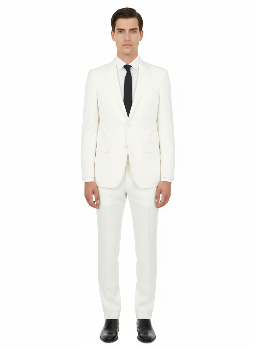 A man wearing the Tiglio Luxe Novello Off-White Pure Wool Men’s Suit, paired with a crisp white shirt and black tie, stands facing forward with a neutral expression against a plain white background.