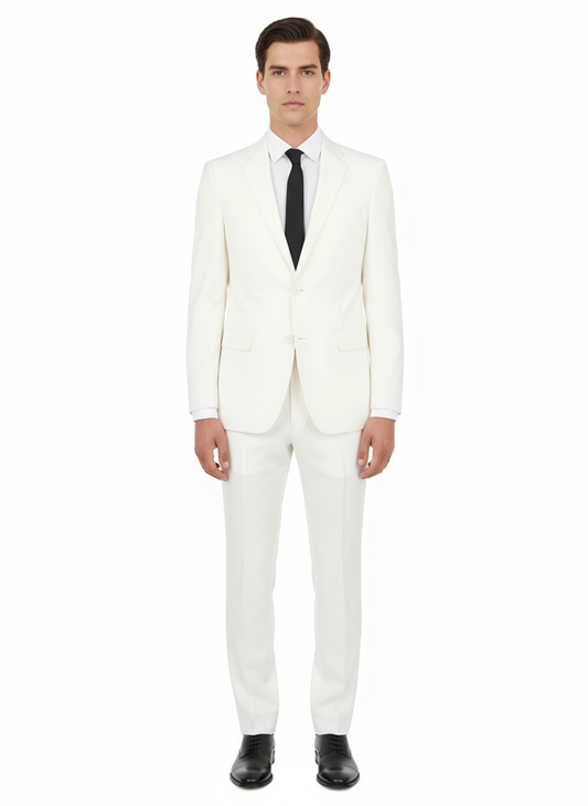 A man wearing the Tiglio Luxe Novello Off-White Pure Wool Men’s Suit, paired with a crisp white shirt and black tie, stands facing forward with a neutral expression against a plain white background.