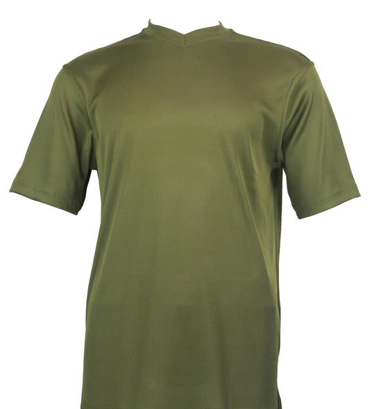 Bassiri's S/S V-Neck Olive T-Shirt 219, crafted from soft microfiber, is set against a plain background.