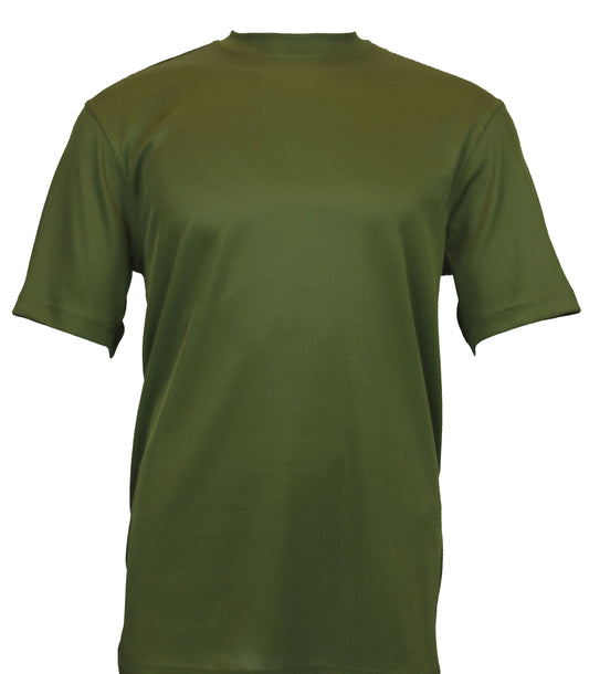 Discover the effortless style of the Bassiri S/S Mock-Neck Olive T-Shirt 218. With its comfortable fit and timeless design, this unisex short-sleeve staple is elegantly presented against a plain white background, making it a versatile addition to any wardrobe.