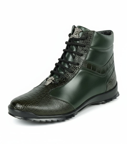 The Los Altos HIGH TOP Olive Ostrich Boots by Los Altos are high-top sneakers in olive green ostrich leather, featuring textured patterns, black laces, and metallic accents on the tongue and laces.