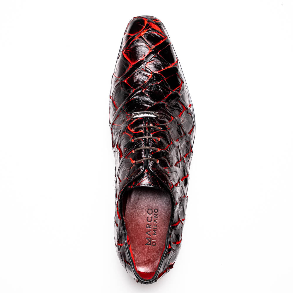 A pair of Marco Di Milano Olivieri Blackcherry oxfords—one upright, one on its side—displays the brand name on the sole, offering luxury men’s footwear with a strikingly exotic black and red pirarucu finish.