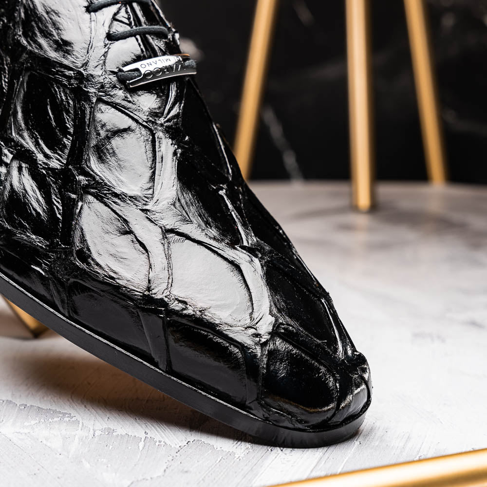 The Olivieri Black by Marco Di Milano: luxurious black crocodile-patterned leather oxfords with red interior lining, displayed to show off the striking brown sole—a true statement in designer footwear.