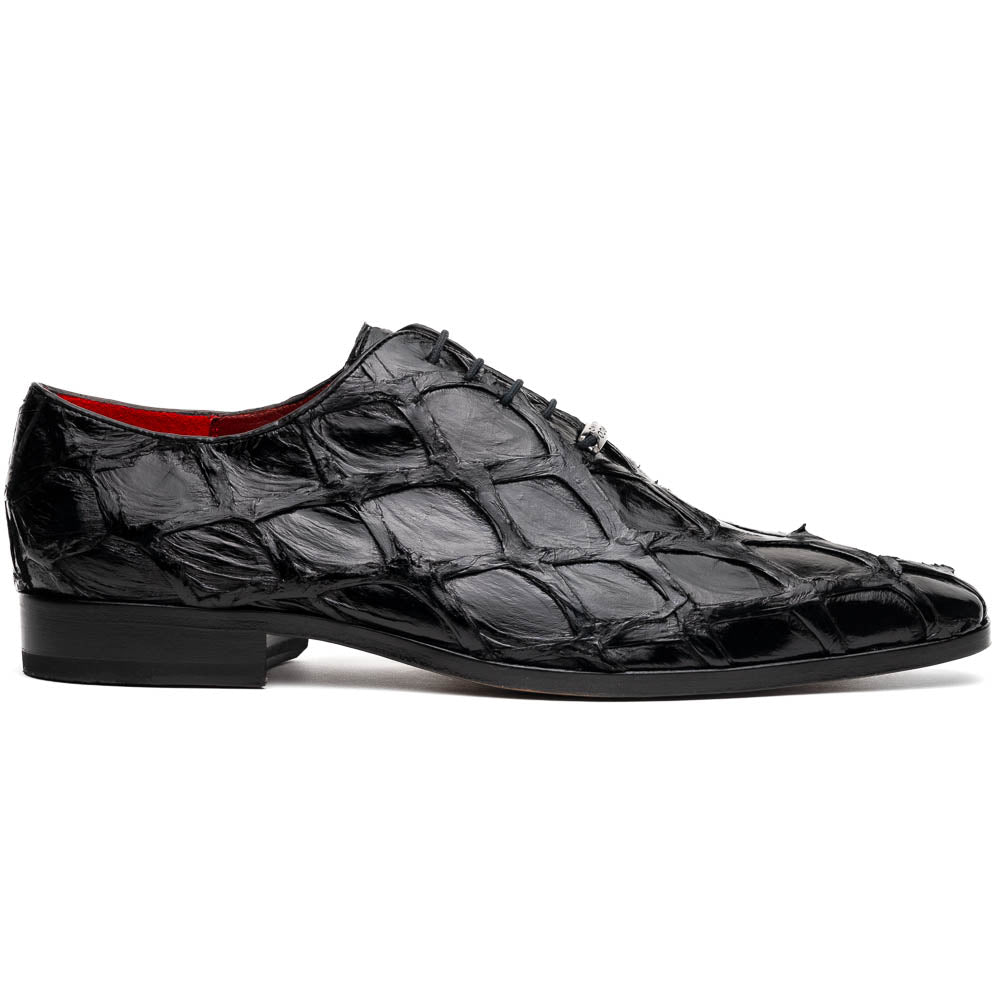 The Olivieri Black by Marco Di Milano: luxurious black crocodile-patterned leather oxfords with red interior lining, displayed to show off the striking brown sole—a true statement in designer footwear.