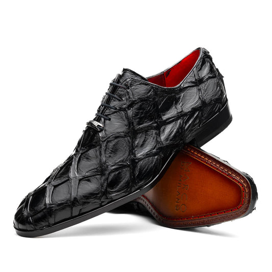 The Olivieri Black by Marco Di Milano: luxurious black crocodile-patterned leather oxfords with red interior lining, displayed to show off the striking brown sole—a true statement in designer footwear.