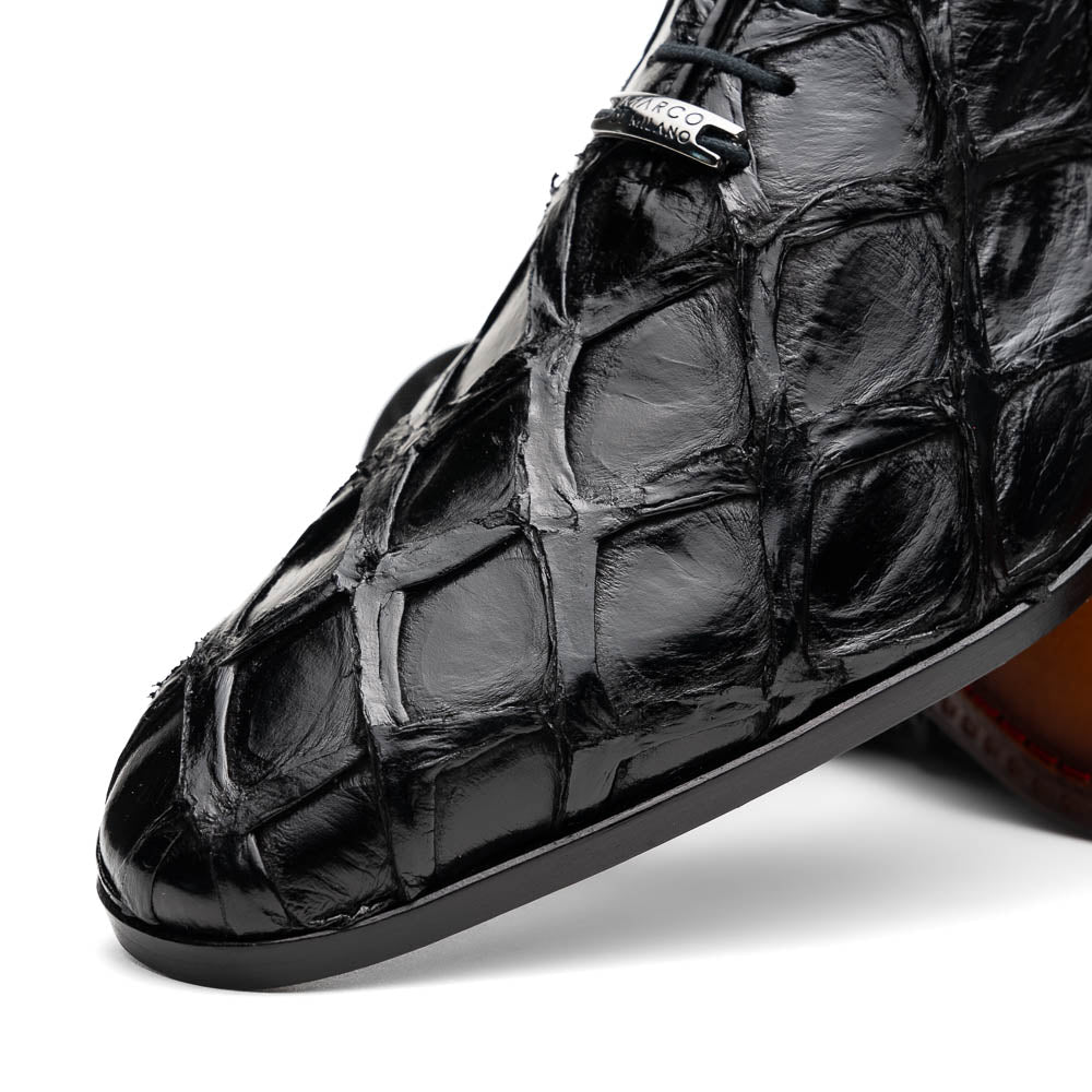 The Olivieri Black by Marco Di Milano: luxurious black crocodile-patterned leather oxfords with red interior lining, displayed to show off the striking brown sole—a true statement in designer footwear.
