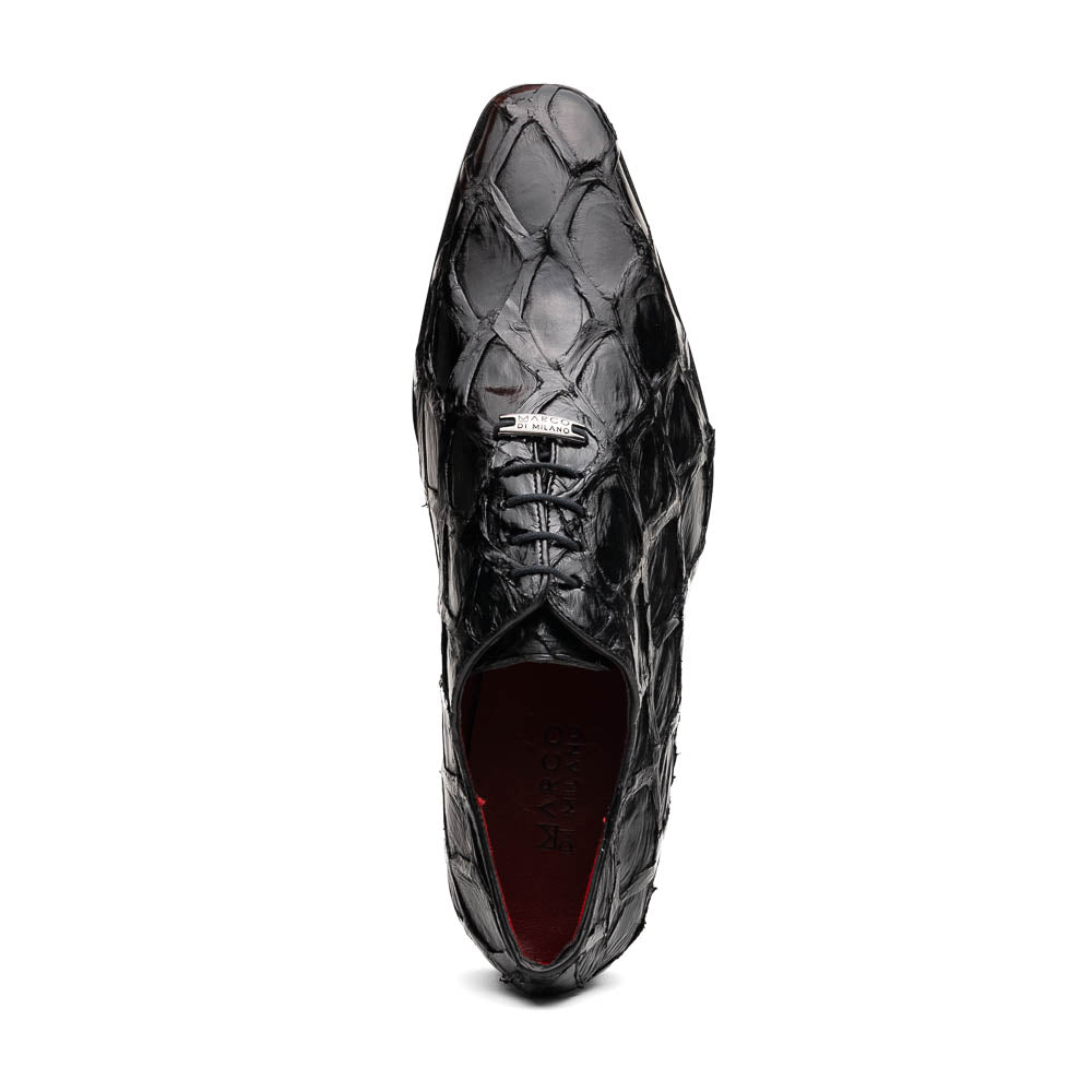 The Olivieri Black by Marco Di Milano: luxurious black crocodile-patterned leather oxfords with red interior lining, displayed to show off the striking brown sole—a true statement in designer footwear.