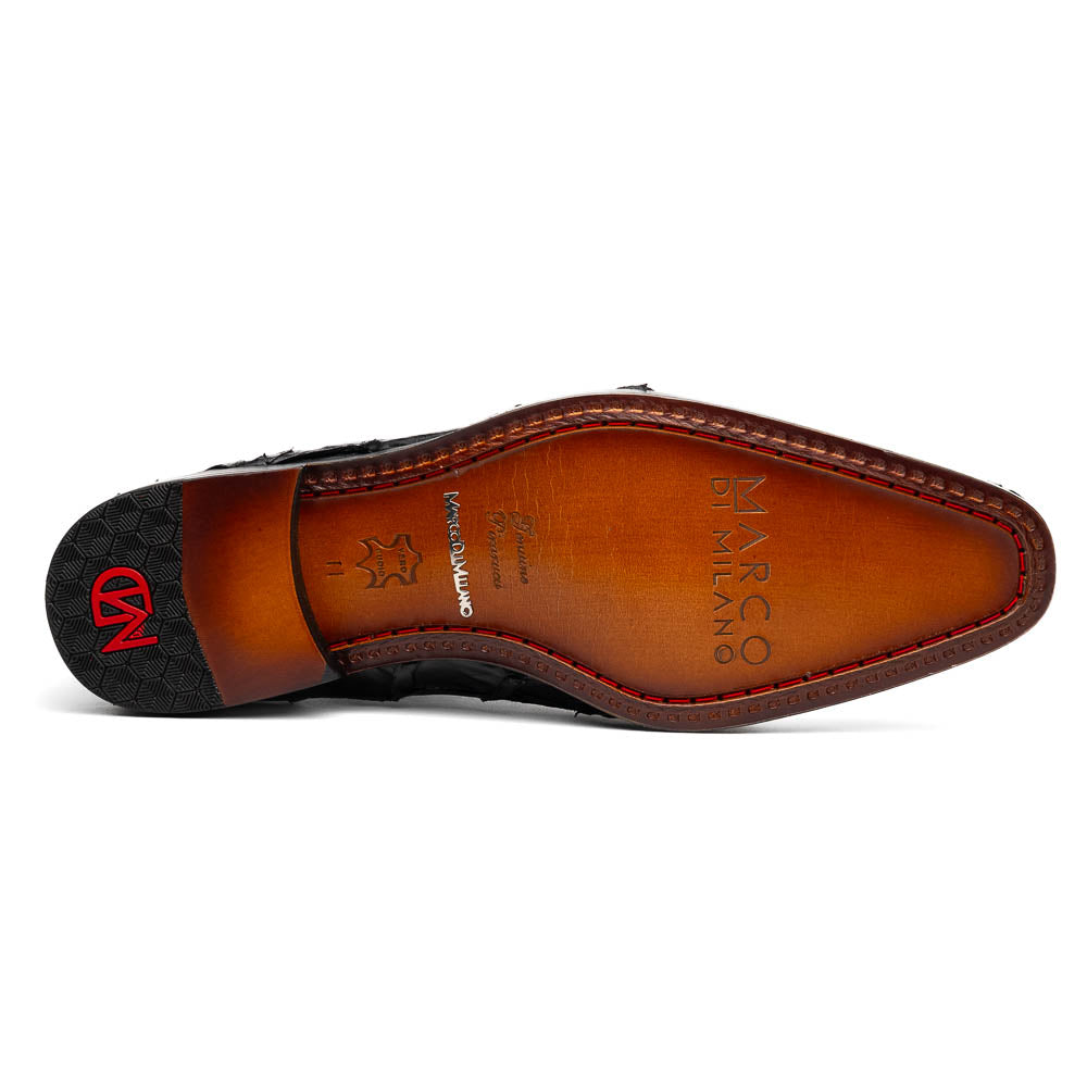 The Olivieri Black by Marco Di Milano: luxurious black crocodile-patterned leather oxfords with red interior lining, displayed to show off the striking brown sole—a true statement in designer footwear.
