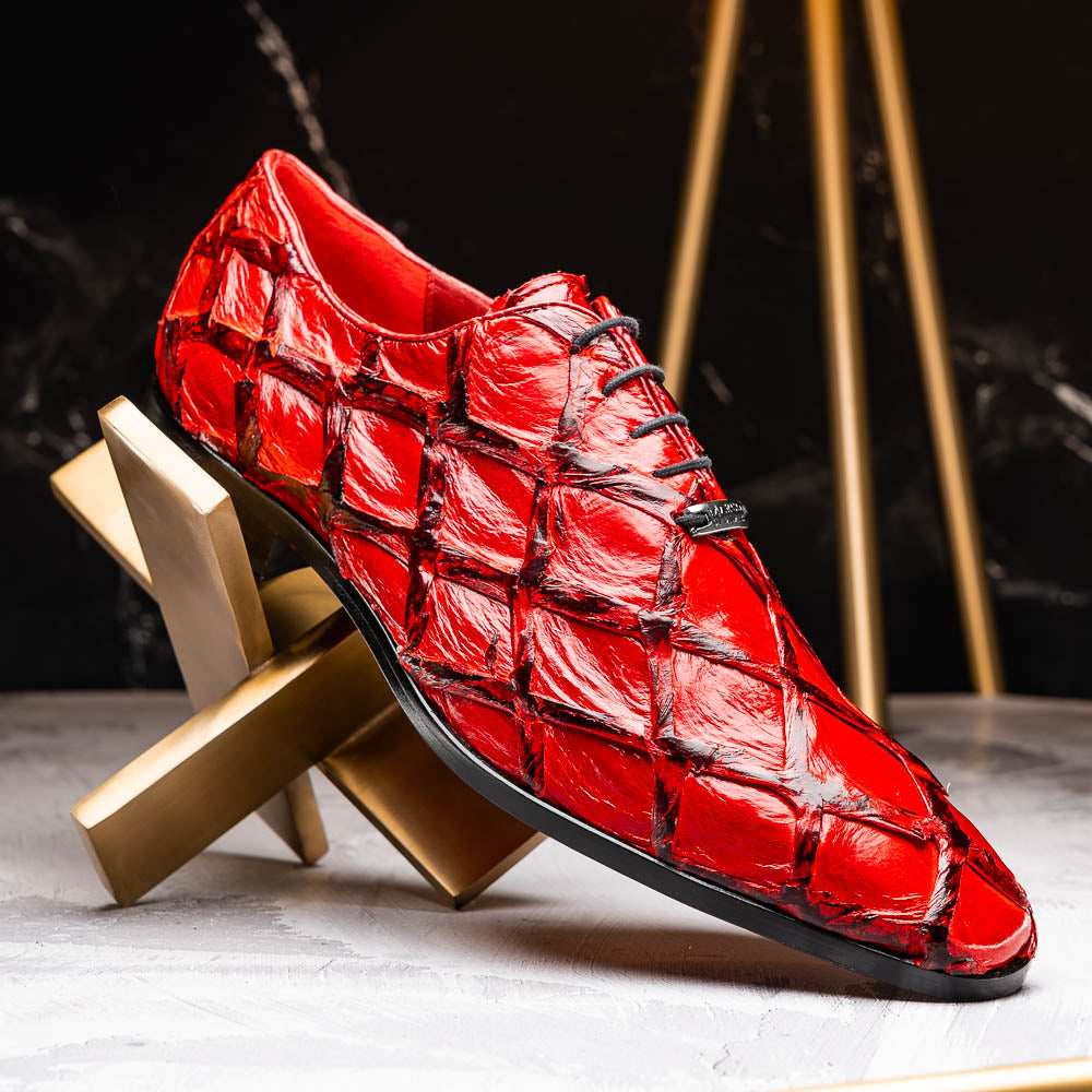 The Olivieri Red by Marco Di Milano are genuine pirarucu dress oxfords in shiny red with a diamond-textured design, black accents, and black soles—ideal for those who desire luxurious, standout footwear.