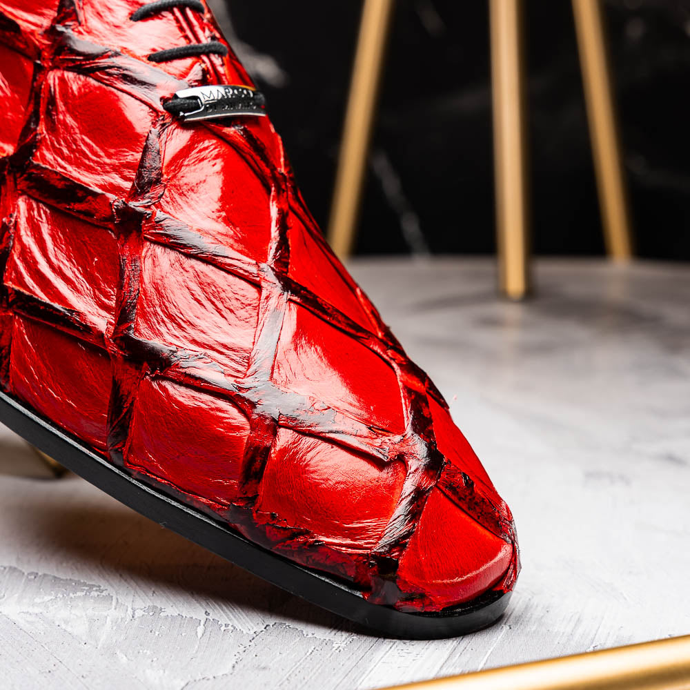 The Olivieri Red by Marco Di Milano are genuine pirarucu dress oxfords in shiny red with a diamond-textured design, black accents, and black soles—ideal for those who desire luxurious, standout footwear.