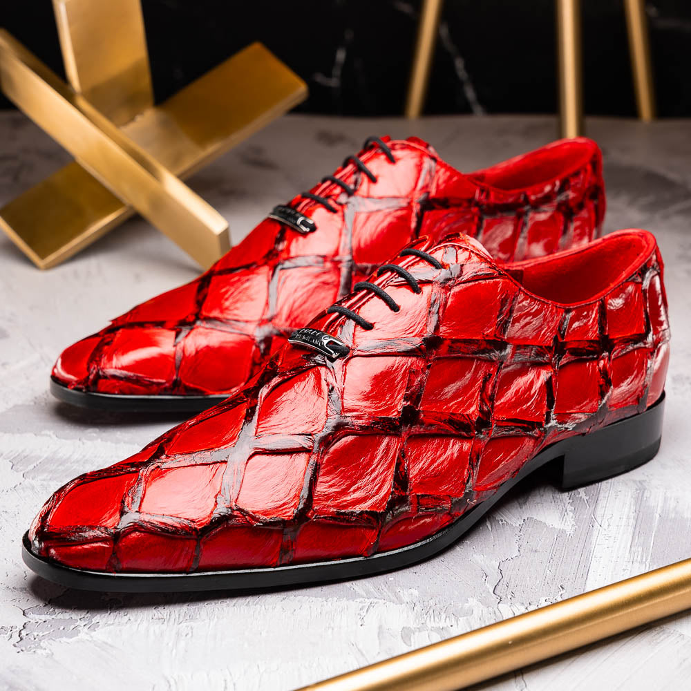 The Olivieri Red by Marco Di Milano are genuine pirarucu dress oxfords in shiny red with a diamond-textured design, black accents, and black soles—ideal for those who desire luxurious, standout footwear.