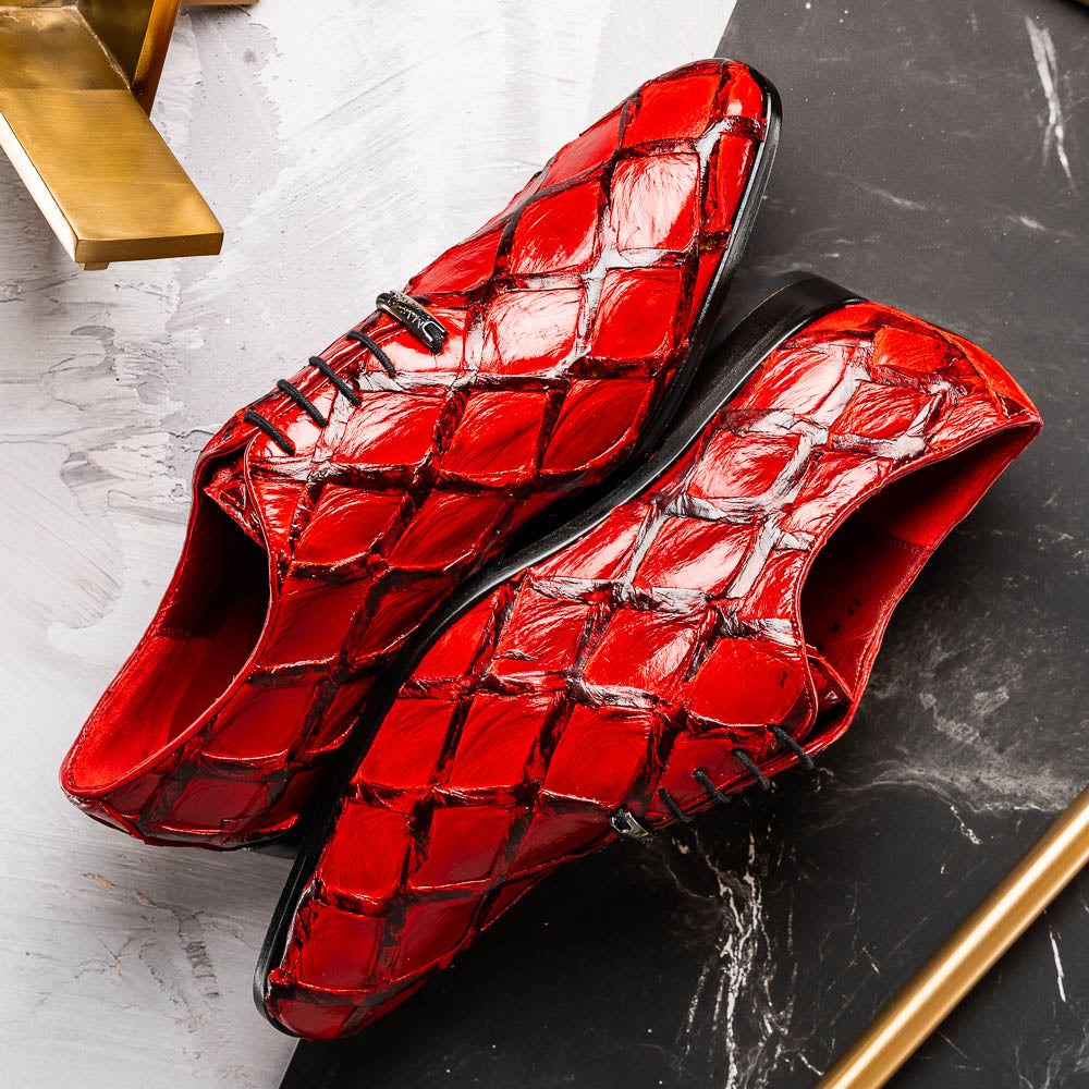 The Olivieri Red by Marco Di Milano are genuine pirarucu dress oxfords in shiny red with a diamond-textured design, black accents, and black soles—ideal for those who desire luxurious, standout footwear.