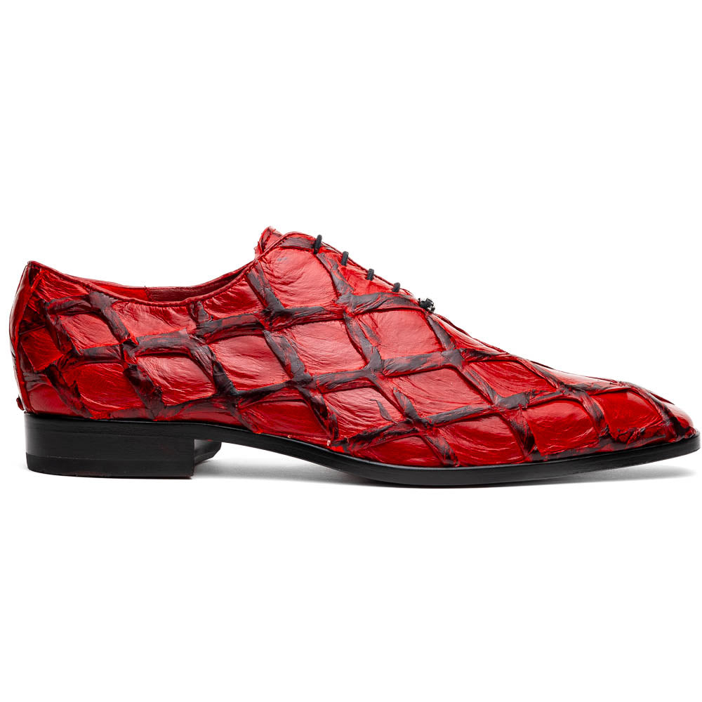 The Olivieri Red by Marco Di Milano are genuine pirarucu dress oxfords in shiny red with a diamond-textured design, black accents, and black soles—ideal for those who desire luxurious, standout footwear.