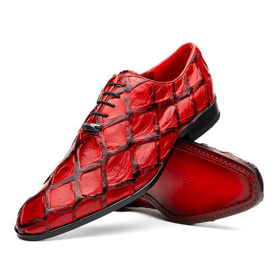 The Olivieri Red by Marco Di Milano are genuine pirarucu dress oxfords in shiny red with a diamond-textured design, black accents, and black soles—ideal for those who desire luxurious, standout footwear.