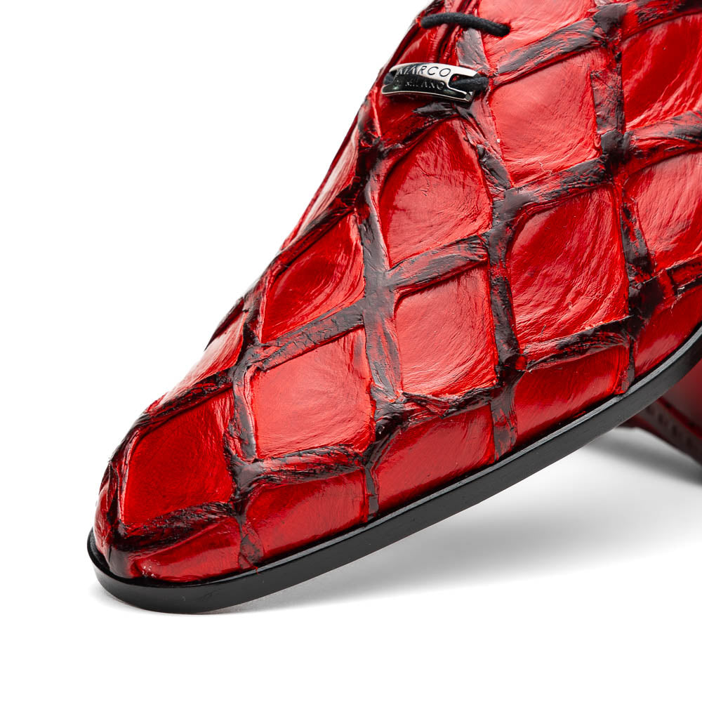 The Olivieri Red by Marco Di Milano are genuine pirarucu dress oxfords in shiny red with a diamond-textured design, black accents, and black soles—ideal for those who desire luxurious, standout footwear.