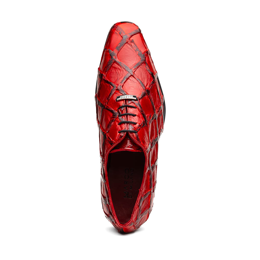 The Olivieri Red by Marco Di Milano are genuine pirarucu dress oxfords in shiny red with a diamond-textured design, black accents, and black soles—ideal for those who desire luxurious, standout footwear.