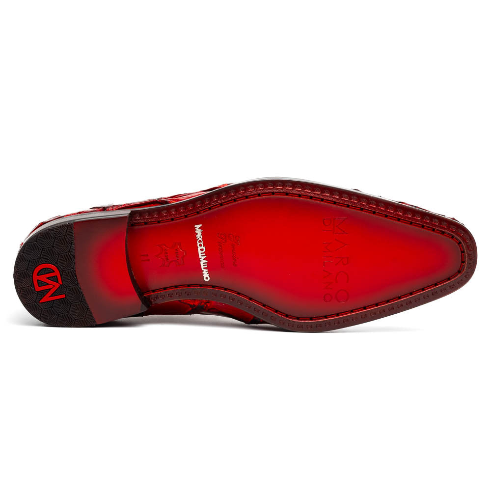 The Olivieri Red by Marco Di Milano are genuine pirarucu dress oxfords in shiny red with a diamond-textured design, black accents, and black soles—ideal for those who desire luxurious, standout footwear.