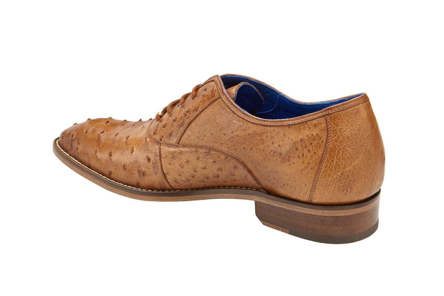 Belvedere's Orlando shoe, a genuine ostrich quill dress shoe in Antique Peanut, crafted with a textured pattern and featuring a low wooden heel along with luxurious leather lining for enhanced comfort.