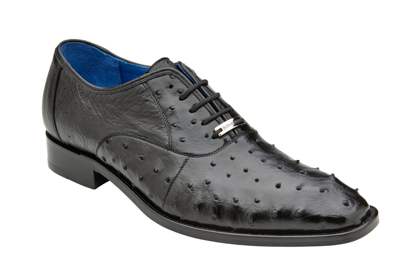 The Belvedere "Orlando" Genuine Ostrich Quill Dress Shoe in black showcases a textured design with a plush cushion insole, complemented by a stylish blue interior lining. Available in sizes 8.5, 11.5, and 15.