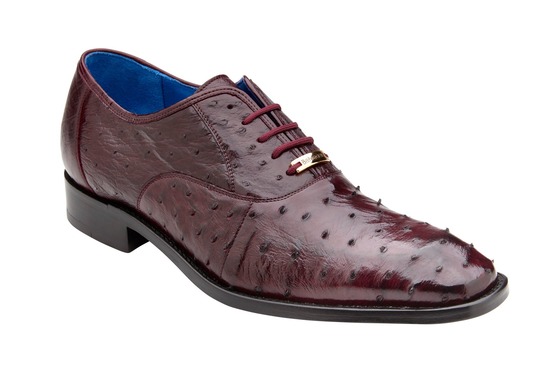 Introducing the Belvedere - Orlando: a genuine Ostrich Quill dress shoe in Antique Dark Burgundy. This sophisticated shoe features a textured surface with a lace-up closure and subtle moc toe design, elegantly presented in a side view.