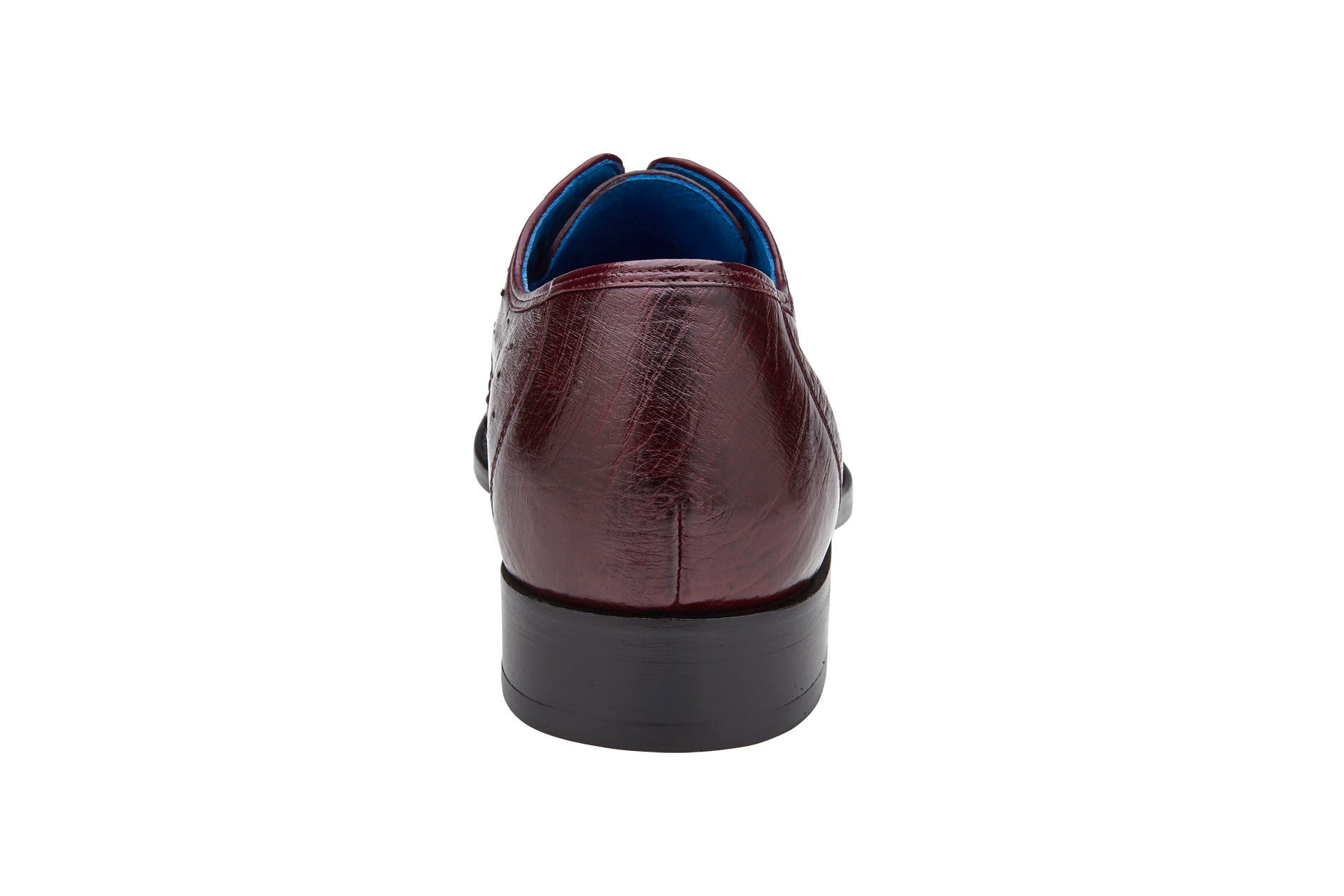 Introducing the Belvedere - Orlando: a genuine Ostrich Quill dress shoe in Antique Dark Burgundy. This sophisticated shoe features a textured surface with a lace-up closure and subtle moc toe design, elegantly presented in a side view.