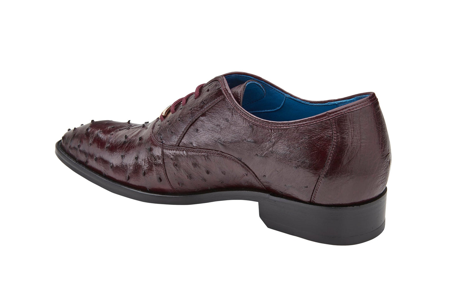 Introducing the Belvedere - Orlando: a genuine Ostrich Quill dress shoe in Antique Dark Burgundy. This sophisticated shoe features a textured surface with a lace-up closure and subtle moc toe design, elegantly presented in a side view.