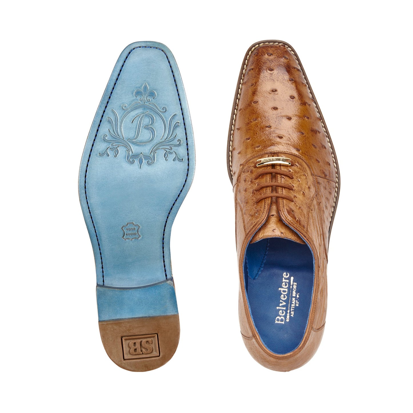 Belvedere's Orlando shoe, a genuine ostrich quill dress shoe in Antique Peanut, crafted with a textured pattern and featuring a low wooden heel along with luxurious leather lining for enhanced comfort.