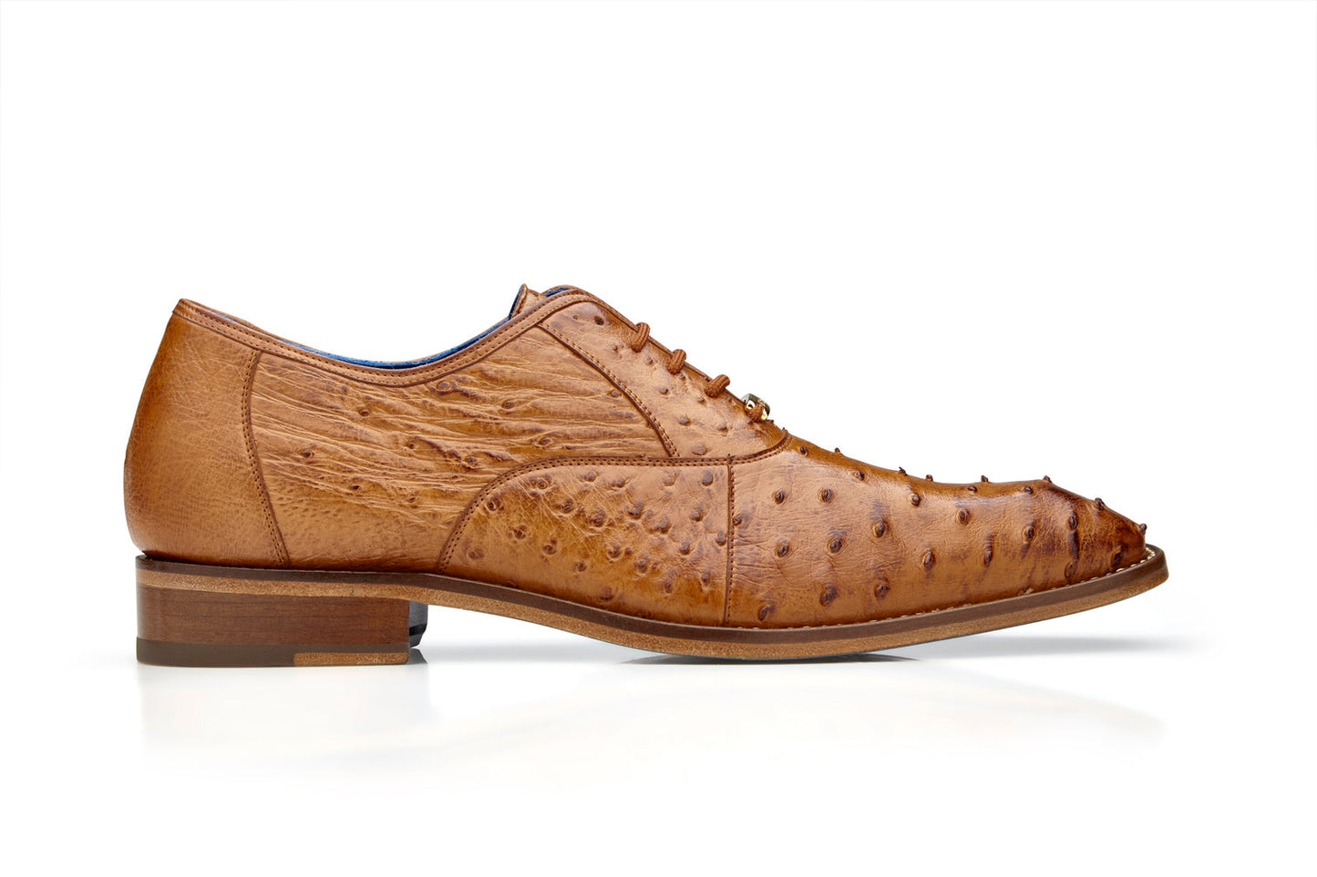 Belvedere's Orlando shoe, a genuine ostrich quill dress shoe in Antique Peanut, crafted with a textured pattern and featuring a low wooden heel along with luxurious leather lining for enhanced comfort.