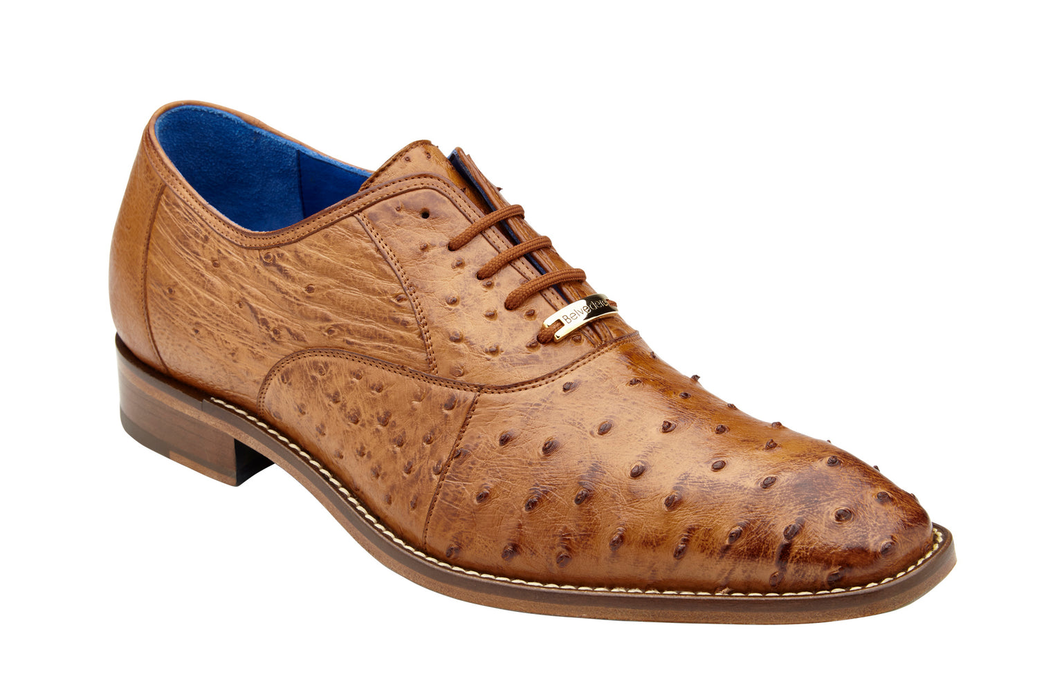 Belvedere's Orlando shoe, a genuine ostrich quill dress shoe in Antique Peanut, crafted with a textured pattern and featuring a low wooden heel along with luxurious leather lining for enhanced comfort.