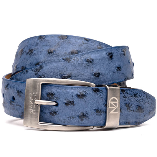 The Domenico Belt Antique Navy by Marco Di Milano features a blue textured ostrich leather, a silver buckle, subtle spotted pattern, and engraved brand logos on both the buckle and belt loop.