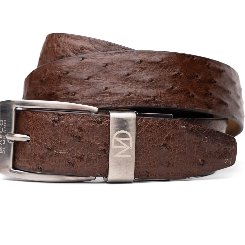 The Marco Di Milano Domenico Belt Brown, featuring a silver "Marco Di Milano"/"MD" engraved buckle, is coiled on a white background—an ideal match for luxury footwear.