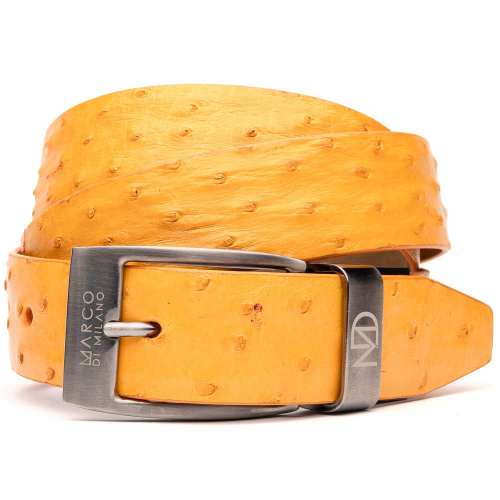 The Domenico Belt Buttercup by Marco Di Milano is a coiled yellow ostrich leather belt with a silver buckle engraved with the brand's logo—an elegant match for luxury footwear and signature ostrich belts.